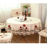 yazi Holiday Peony Flower Embroidered Fabric Cutwork Round Tablecloth,69 Inches