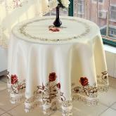 yazi Peony Flower Embroidered Fabric Cutwork Round Tablecloth,59 Inches Christmas and Thanksgiving Tablecloth